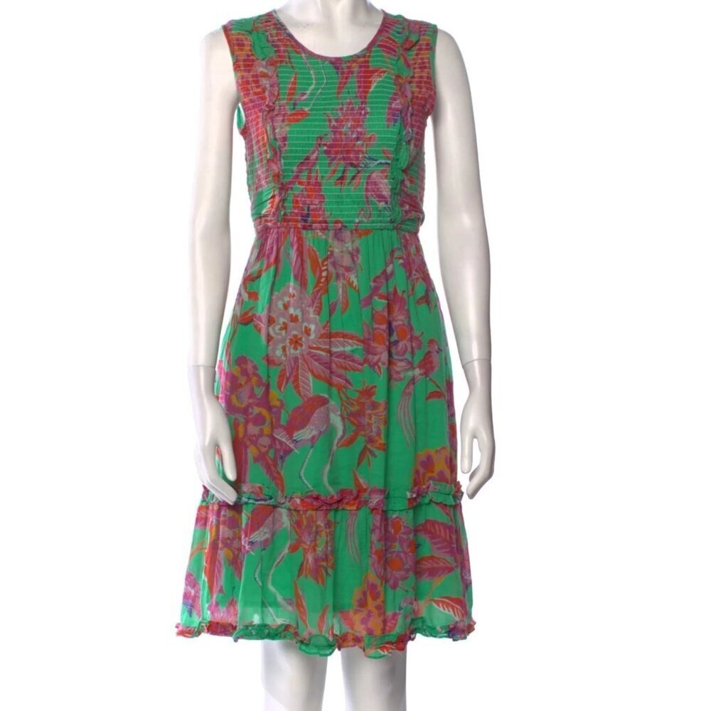 Banjanan Isha Midi Dress in Flamingo Rhododendron Green. Size XS